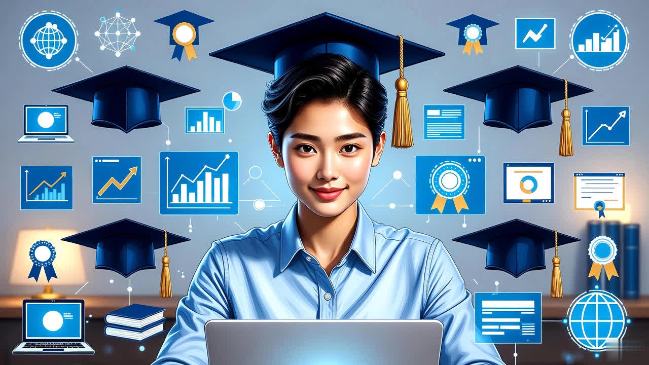 Student surrounded by educational icons